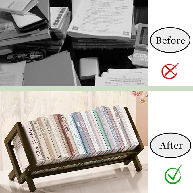 Wood Tilting Bookcase in Living Room/Home/Office, Desktop Book Shelf Organizer Bookshelves Storage Rack for CDs/Magazine/Books Display (Coffee, 19.68"-L)