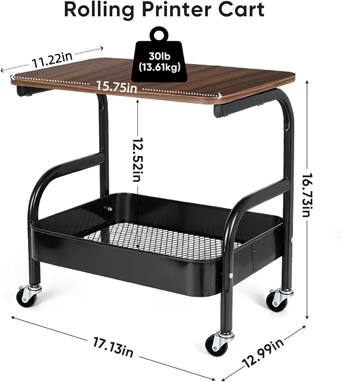 Rolling Printer Stand with Wheels 2 Tier Under Desk Printer Table with Storage, Mobile Small Short Rolling Cart for Home Office Pantry Organization, Black