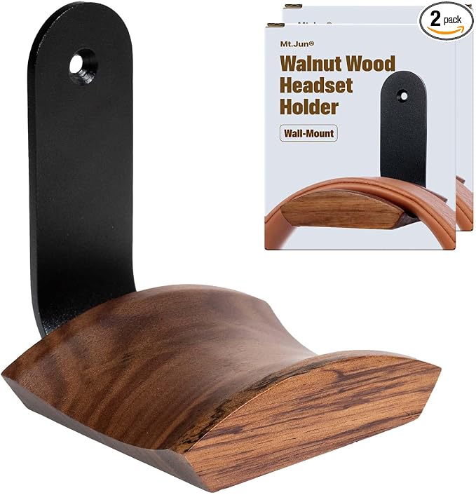 Walnut Wood Headphone Wall Mount Holder, 2 Pack Curved Headset Hangers with Black Metal Bracket, Adhesive or Screw Mount, Holds 10 lbs