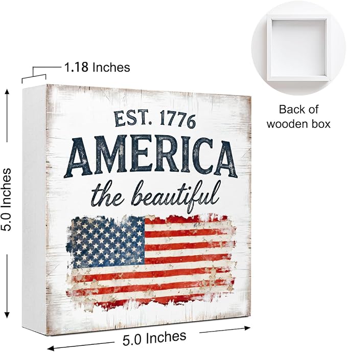 Patriotic Wooden Box Sign,America The Beautiful Est.1776 4th Of July Signs Home Decor,Independence Memorial Day Block Sign for Desk Shelf Tabletop Decor
