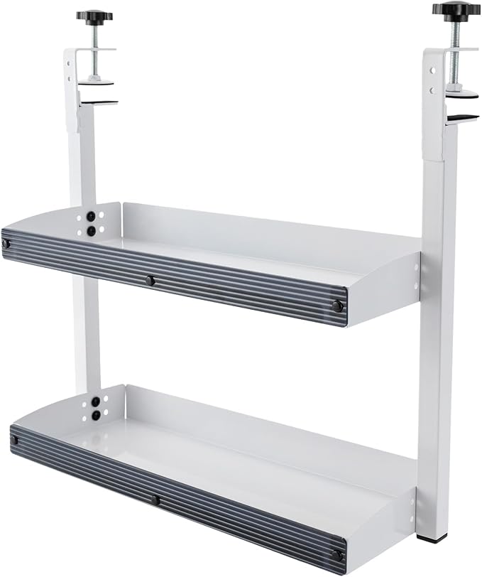 Clamp-on Desk Shelf, Plastic Panel Clip-on Desk Shelf, 2-Tier Shelving with Adjustable Storage Tray, for Offices, Bedrooms, Living Rooms, Etc (White)