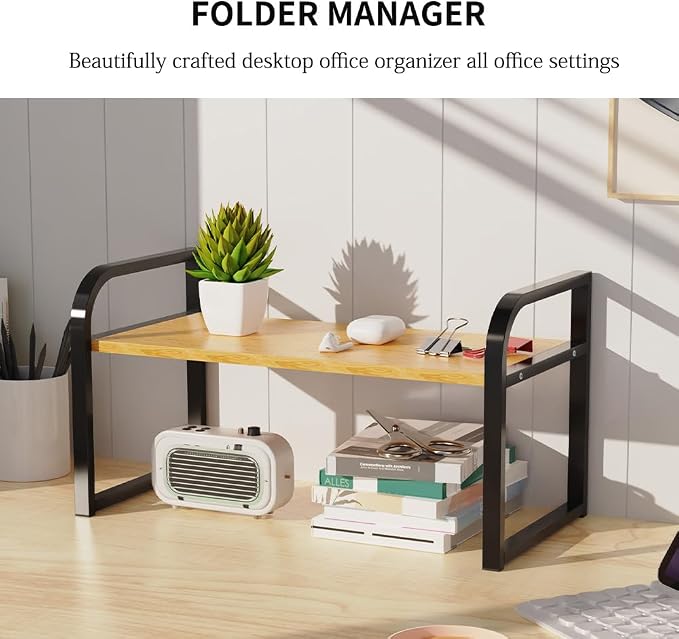 Office Desk Shelf Organizer, Wood Desktop Bookshelf Supplies Storage Rack Shelf for Top Desk and Dresser and Cubicle Decor Bookshelf Monitor Stand Riser (Black Wood-single Tier, 11.81 Lx7.87 Wx8.46 H)