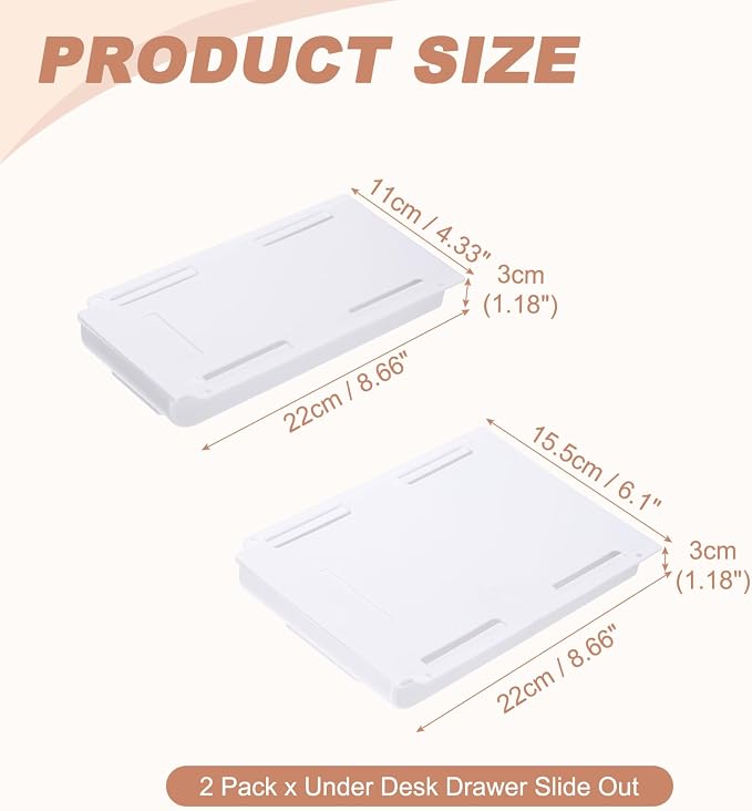 PATIKIL 2 Pack Under Desk Drawer Slide Out, 8.66 x 6.1/4.3" Plastic Table Storage Drawers Slide Out Storage Box for Laptop Study Desks Dining Dressing Tables Wardrobes Cabinets, White