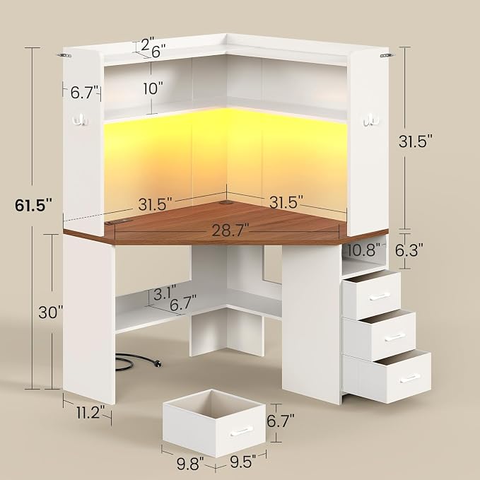 SEDETA 31.5" Corner Desk for Small Space, Farmhouse Small Corner Desk with Hutch & 3 Drawers, Corner Computer Desk with Storage Shelves & LED Lights for Home Office, White + Brown