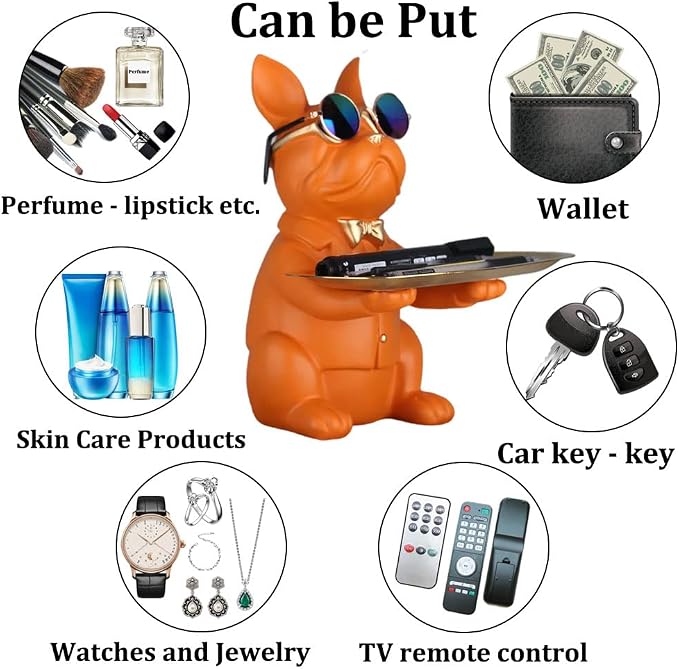 Modern Decor Resin Orange Bulldog Tray Statue Tray Storage Key Holder Candy Jewelry Earrings Tray Suitable for Home Decor Modern Art Dining Table Decor Office Small Object Tray