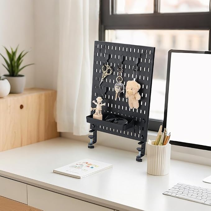 PH PandaHall Clamp-on Desk Pegboard Black Plastic Peg Board Organizer, 16.3x11.6 inch No Drill Desk Side Storage Organizer for Office Gaming Home Desktop Standing Accessories