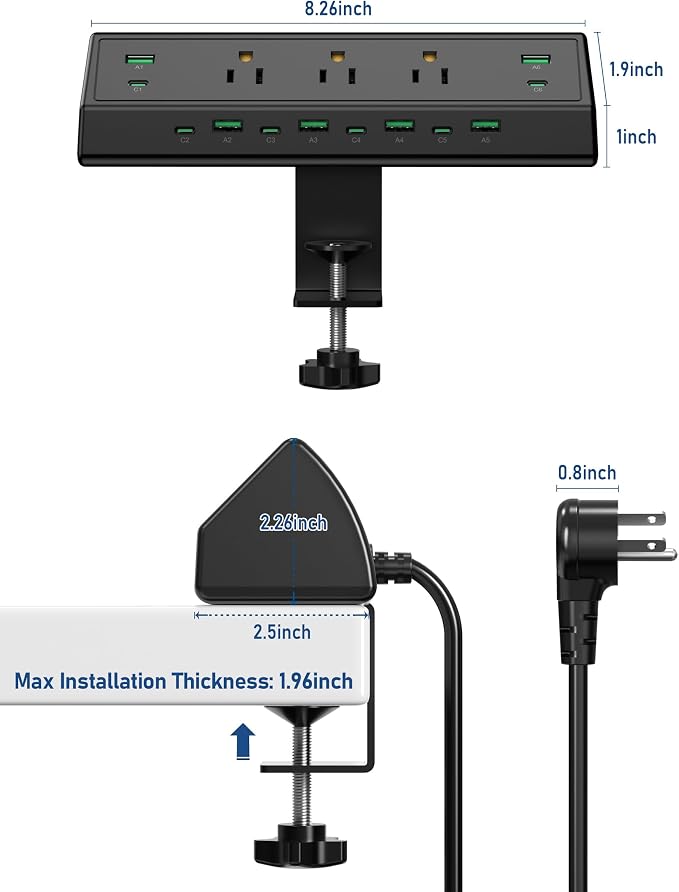 Jgstkcity 90W Desk Clamp Power Strip,12 USB Ports (6 PD 45W USB-C),Surge Protector,ETL Listed Power Hub Extension Cord,Fast Charging Station for Home Office Desk Edge Mount (Black,12 USB-90W)