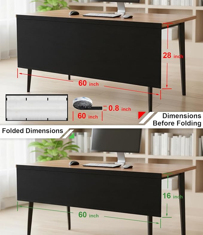 Under Desk Privacy Panel with Table Cable Management, 60 Inch Desk Skirt Modesty Desk Panel with Self-Gripping Straps for Office Home, Premium Silver-Plated Interior to Provide Better Privacy