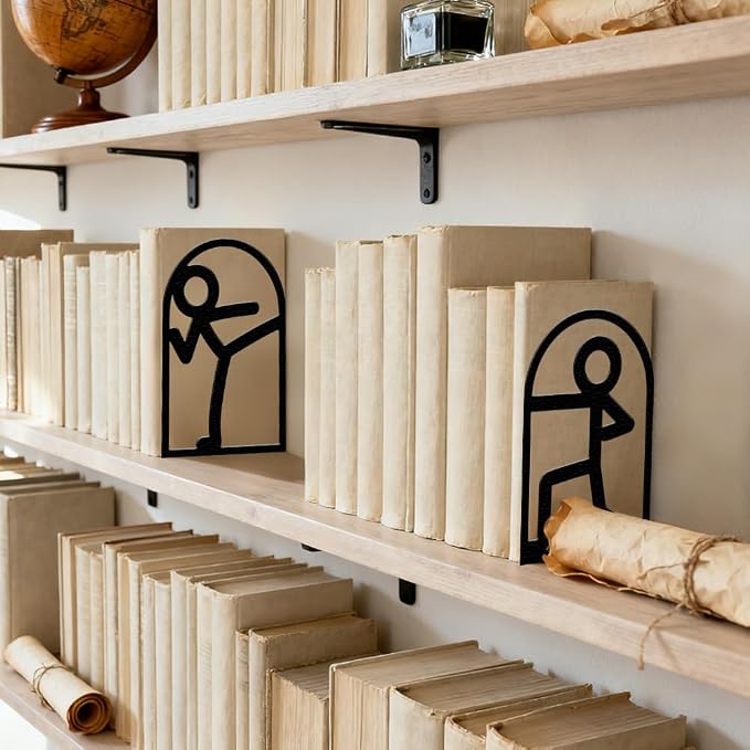 Peacoblue Metal Bookends for Shelves, Modern Decorative Heavy Duty Study Book Ends Stoppers for Office, Desk, Shelf, Room 5.3"x4.3"x7.9" Cast Iron Simple Tall Bookends 1 Pair (Stickman)