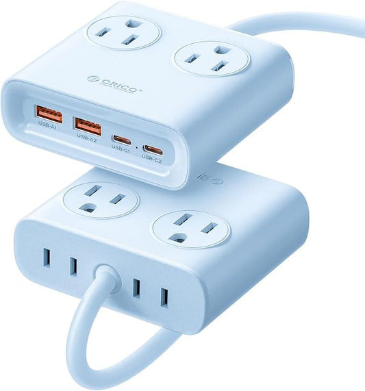 ORICO Power Brick, 25W GaN Power Strip, 8-in-1 Desktop Charging Station with 4 AC Outlets, 2 USB-C, 2 USB-A Ports, 5ft Extension Cord, Ultra Thin Flat Plug for Travel Office ETL Listed-PDC (1 PC)