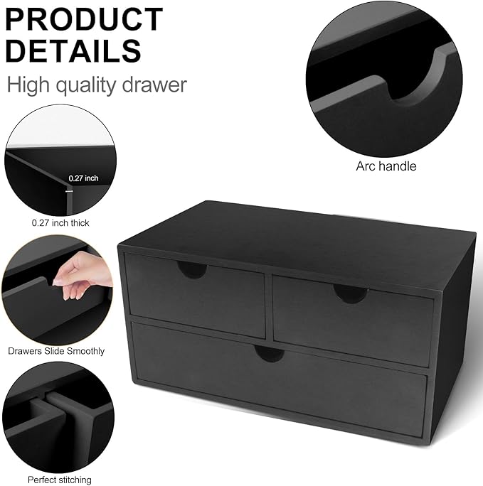 Charmewooden desk organizer with drawers countertop drawer organizer Tabletop Storage Organization Box Home Office Workspace Bathroom Toiletries Supplies (black)