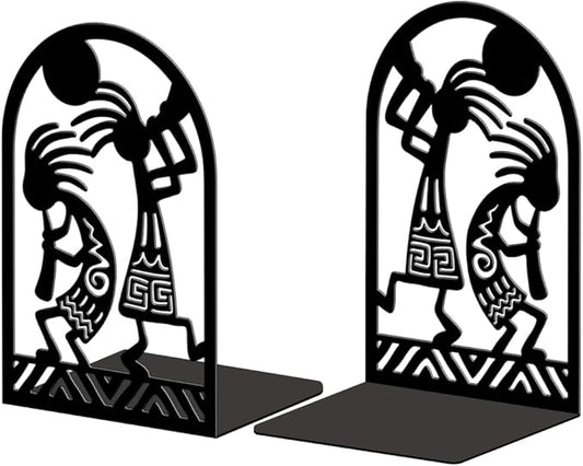 Peacoblue Metal Bookends for Shelves, Modern Decorative Heavy Duty Study Book Ends Stoppers for Office, Desk, Shelf, Room 5.3"x4.3"x7.9" Cast Iron Tall Bookends 1 Pair (Kokopelli Tribal-Flute Player)