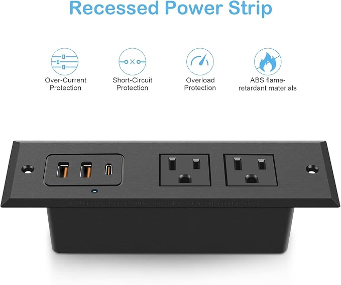 CCCEI Recessed Power Strip with 45 W USB C Port, Fast Charging USB A Port Desk Outlet, Furniture Hidden Charging Station for Side Table, End Table, with 4FT 45 Degree Flat Plug Extension Cord.