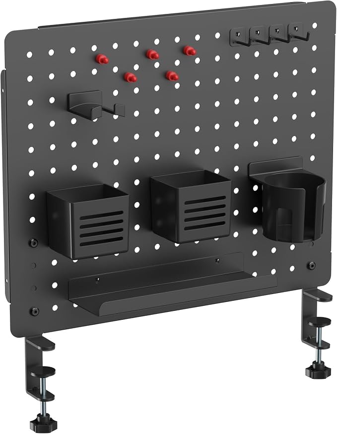 Kantek Pegboard Desktop Organizer & Accessories, Sits, Hangs or Clamps to Tables, 20.58” X 17” Black Steel Privacy Panel, Cup Holder, Pen Cup, Headphone Holder, Tray, Magnets, Easy Install