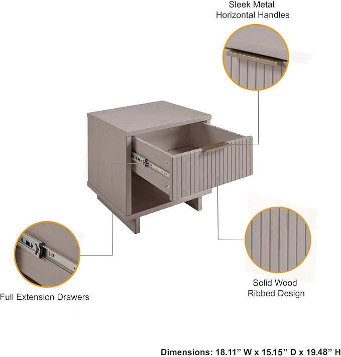 Manhattan Comfort Granville Modern Nightstand 1.0 with 1 Full Extension Drawer, Sled Legs, and Gold Accent Metal Handle, Bedside End Table for Bedroom or Living Room in Light Grey