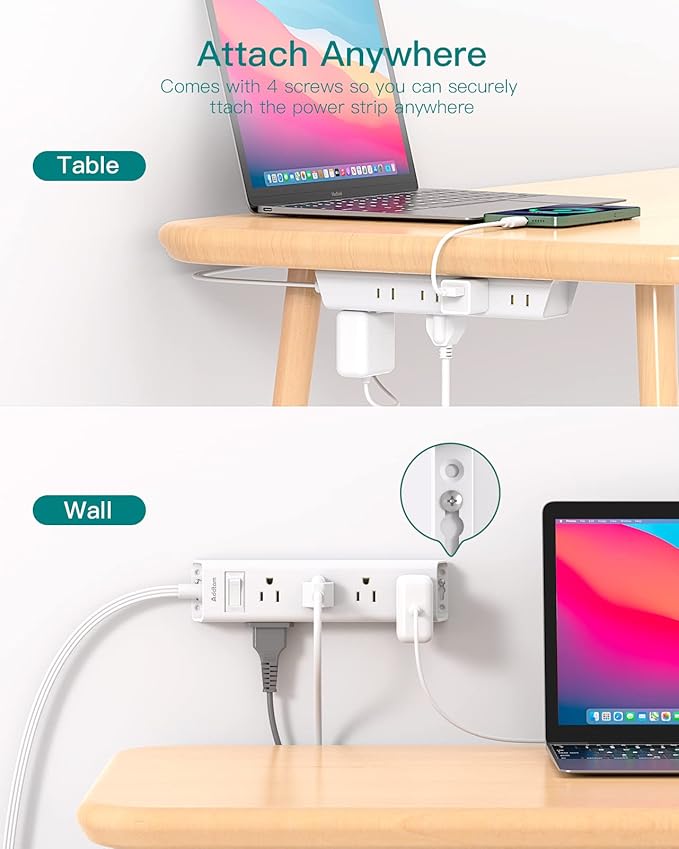 Addtam 2 Pack Power Strip Surge Protector with 12 Outlets, Flat Plug Extension Cord 5FT, Ultra Thin Wall Plug, 3-Side Wide Spaced Outlet Extender, Wall Mount Desk Charging Station for Home Office Dorm