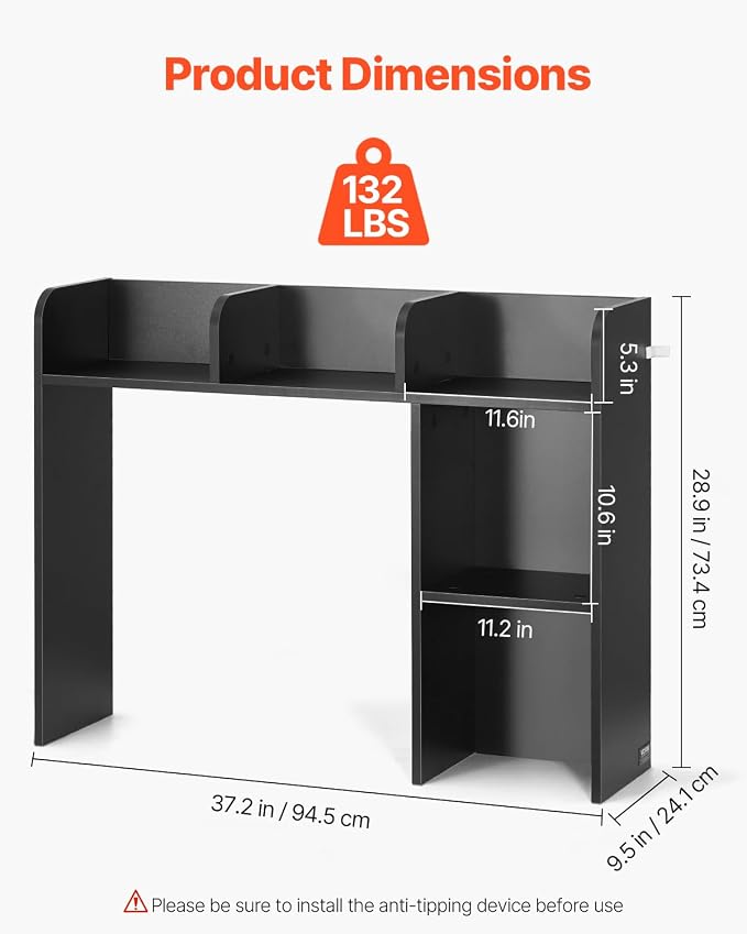 VEVOR Wood Desk Shelf, Desktop Bookshelf, Desk Storage Hutch with 6 Shelves, Office Countertop Organizer 3-Tier Display Rack, with Anti-Slip Feet Pads, for Office, Home & Dorm, Black