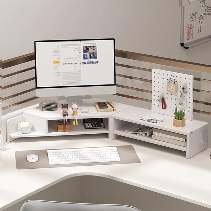 Corner Monitor Stand for Desk, Laptop Stand and Monitor Riser for Desktop Computer, Office Desk Accessories and Organizer, Space-Saving Corner Desk Shelf, Computer Stand(White,B)