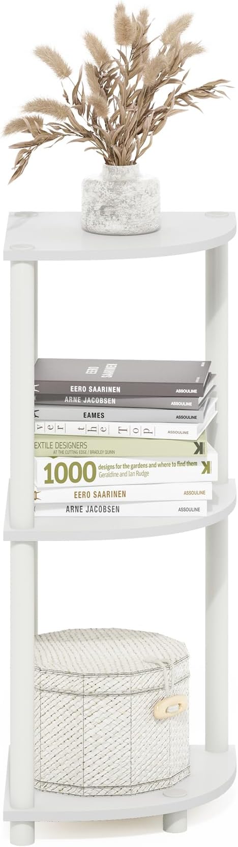 Furinno Turn-N-Tube Toolless Assembly 3-Tier Corner Shelf, White Corner Book Shelf, Open Shelves Bookshelf, for Organization and Storage, Living Room, Home Office, Bedroom, Plain White