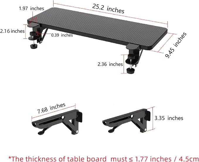 Desk Extender 25.2" x 9.45" Ergonomic Computer Table Extension Arm Support Collapsible Keyboard Tray for Square Tabletop - Carbon Fiber
