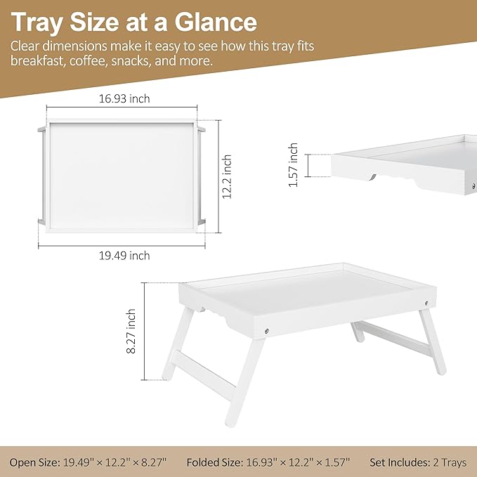 Large Breakfast Tray with Folding Legs Set of 2, 16.9" x 12.2" Bamboo Bed Tray Table with Ergonomic Wave Handles, Foldable TV Dinner Tray for Bed Couch Sofa, Breakfast, Laptop, Coffee,White