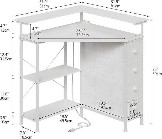 VENNQD Corner Desk with Drawers Shelves for Small Space 90 Degrees Triangle Computer Desk with Power Outlets,Gaming Desk with LED Lights Monitor Stand for Home Office Workstation Writing Table (White)