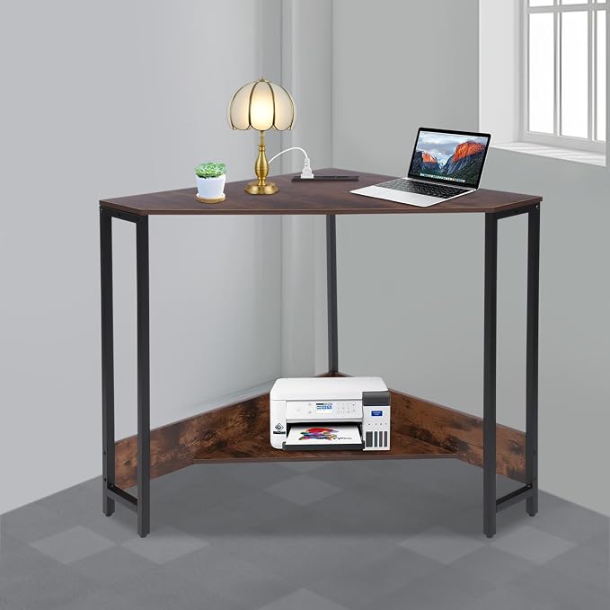 Gdrasuya Triangle Corner Storage Desk for Small Spaces - Computer Desk Table with Power Outlets & USB Ports - Triangular Corner Workstation for Bedroom, Office, Living Room - Brown