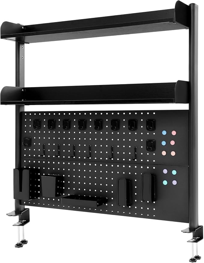 Clamp On Desk Organizer Shelf, 2 Tier Clamp-on Above or Under Desktop Storage Shelf Multipurpose Desktop Bookshelf Shelving Unit for Table Accessories (Black)