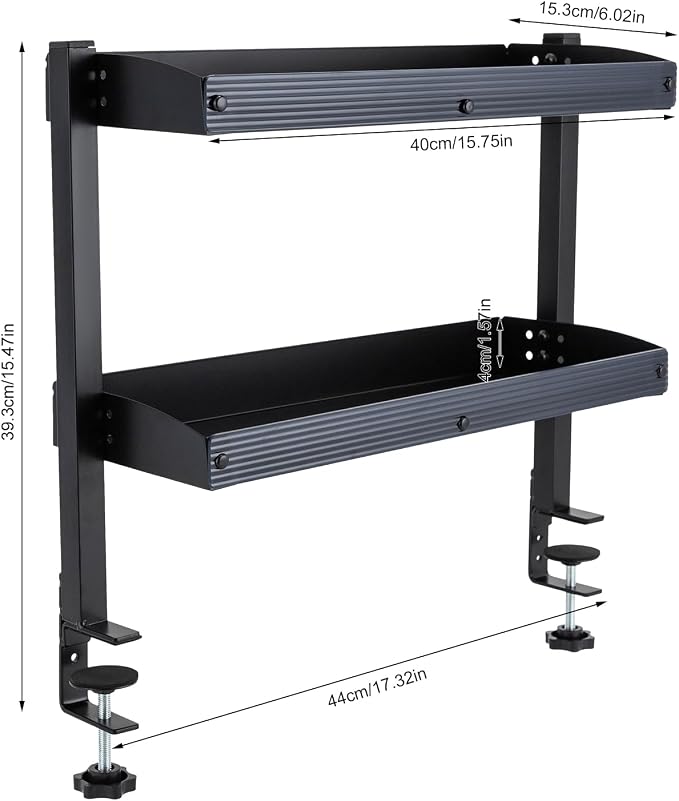 16 inch Clamp on Desk Shelf, 2 Tier Shelving Unit Above or Below Desk, Desk Extension Organizer, Modern Desktop Display Shelf for Desktop Accessories, Office Organization