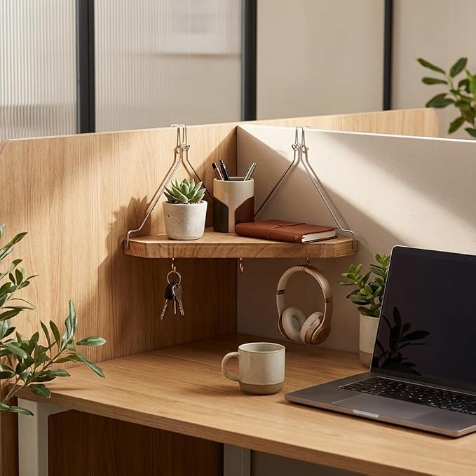 Fabric Wall Cubicle Corner Shelf with Hooks, Wooden Triangular Cubicle Organizer Storage Shelf, Partition Shelf with Hangers for Office Dorm Apartment
