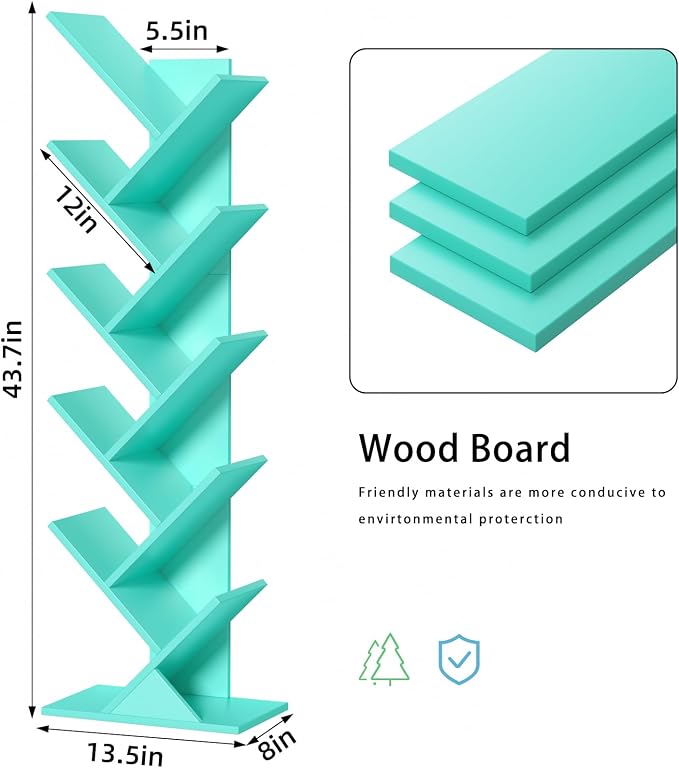 SHEEPAM 10 Tier Tree Book Shelf, Floor Standing Wood Bookshelf for Narrow Space, Storage Organizer Bookshelves for Books/CDs/Magazine, Bookcase with Shelves for Home Office, Living Room - Green