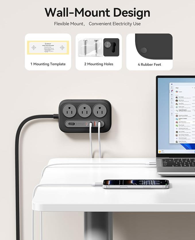 ORICO Surge Protector Power Strip, PD20W Multiple Outlets Extension Cord with 6 AC Outlets and 4 USB Charging Ports (2 USB-C), Flat Plug, 10Ft Mountable Outlet Extender for Office/Dorm ETL Listed- OG
