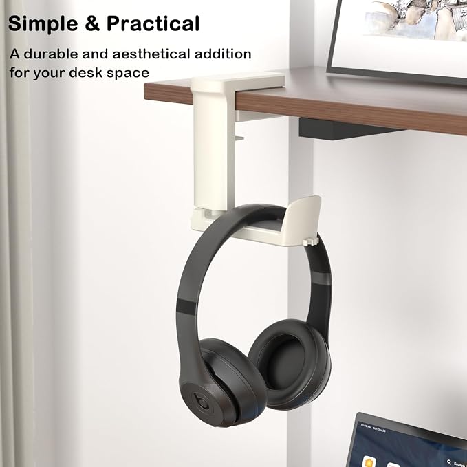 Headphone Hook - Adjustable Clamp-on Headphone Holder, Under Desk Gaming Headset Holder Mount Hook with Rotating Clamp (White_2 Pack)