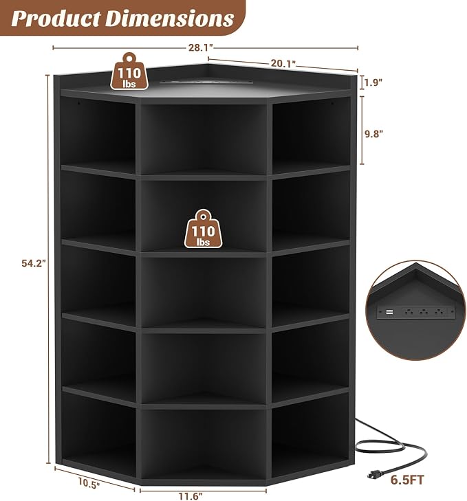 Aheaplus 6-Tier Corner Cube Bookshelf with Power Outlets, Wooden Corner Storage Cabinet with 15 Cubes, Corner Cube Organizer Shelf with Top Table, L Shaped Cubby Bookcase for Home Office, Black