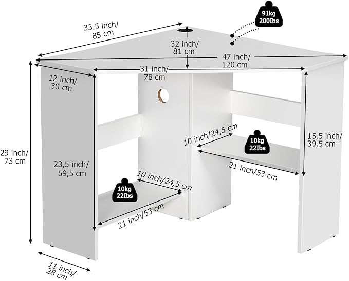 Small Corner Desk, 90 Degree Triangle Computer Workstation with Storage Shelves & CPU Stand, White Corner Vanity for Bedroom, Wooden Table for Small Spaces