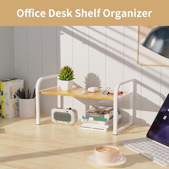 Office Desk Shelf Organizer, Wood Desktop Bookshelf Supplies Storage Rack Shelf for Top Desk and Dresser and Cubicle Decor Bookshelf Monitor Stand Riser (Black Wood-single Tier, 11.81 Lx7.87 Wx8.46 H)