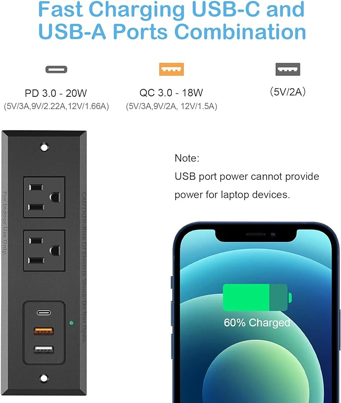 CCCEI Recessed Power Strip with 20W USB C Port, Fast Charging USB A Port Desk Outlet, Furniture Hidden Charging Station for Side Table, End Table, with 6FT 45 Degree Flat Plug Extension Cord, Black