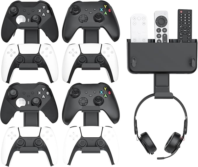 Controller & Headset & Remote Holder Wall Mount with No Drill, 4 Packs Gaming 8 Controllers Hanger Hook Mount for PS5/PS4/XBOX/Switch, Headphone Stand & Remote Control Holer Wall Shelf with Adhesives