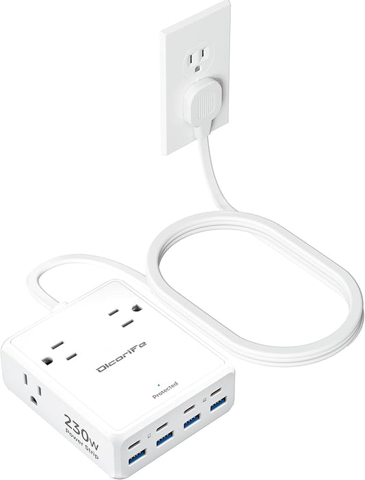 Olcorife 230W USB Power Strip with 5 FT Extension Cord, 4 AC Outlets 8 USB Ports(4 USB-C&4 USB A), 3 Sided Outlet Extender for Home Office Travel Dorm Room Essentials, White