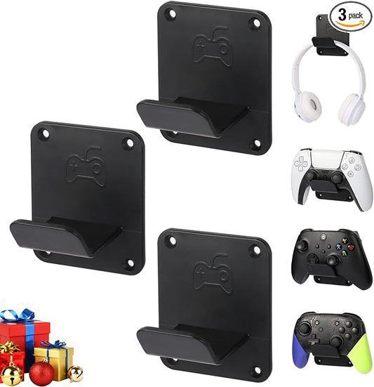 Controller Holders Wall Mount 3 Pack Wall Stands With Non-Slip Pads, Premium Headphone Mount for Controllers and Headsets, Black, YCKJ-WM-01