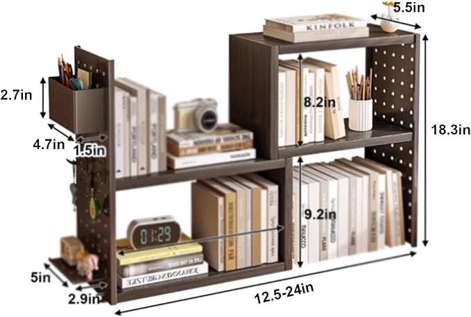 Desk Organizer Shelf, Space-Saving with Side Pegboards Retractable Suitable for Corners Stable, Desk Storage for Dormitories Bedrooms Offices(Black Brown)