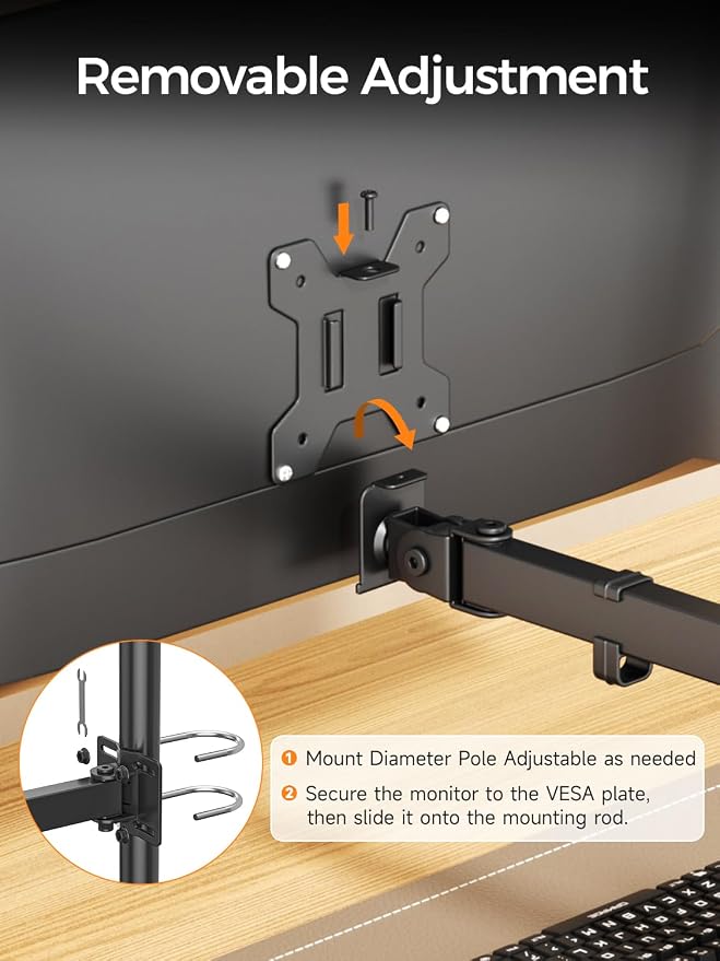suptek Single Monitor Arm for Desk Mount Stand,Adjustable Monitor Arm for 13 to 32 inch Screen,Load Capacity 22lbs, Pole Adjustable Supports 0.8-2.4 Inch, VESA 75/100mm Black(MD6DBG)