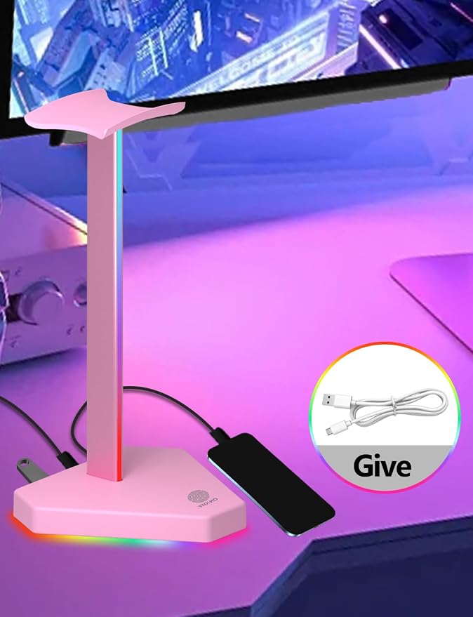 RGB Headphones Stand with 1 USB-C Data Transmission& 3 Type-C Charging Port, Desk Gaming Headset Holder with 7 Light Modes and Non-Slip Rubber Base (Pink)
