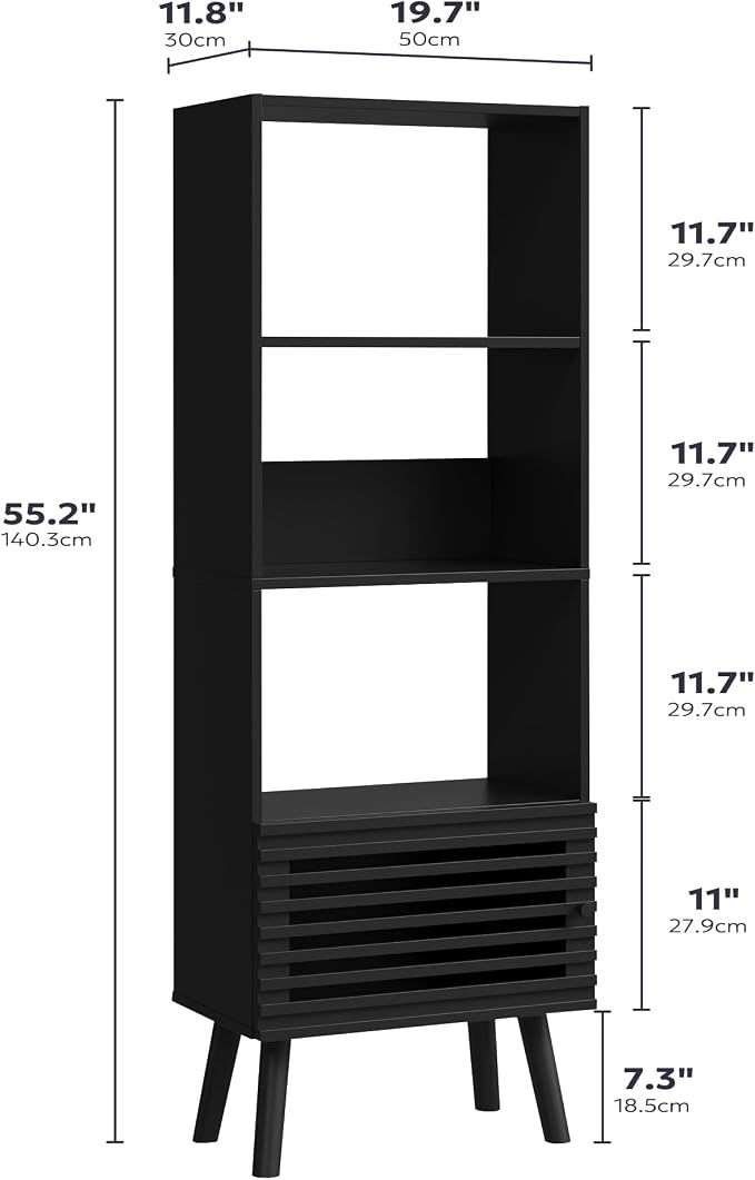 Furnify Small Narrow Corner Bookcase, 55" H Mid Century Modern Bookshelf with Slatted Door, 4 Cube Bookcase with Open Shelf, Display Storage Cabinet for Living Room, Home Office, Black