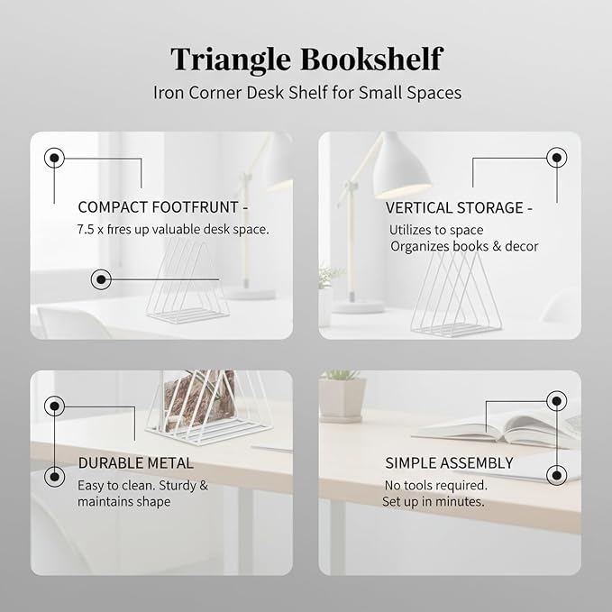 White Iron Triangle Bookshelf, Compact Corner Desk Organizer for Small Spaces, Vertical Storage Rack for Books and Decor, 7.5 x 6.3 x 7.2 Inches