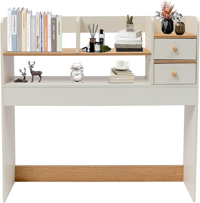 CNCEST Desktop Bookshelf Organizer, Office Shelves Storage Rack, Natural MDF Display Stand Shelf, Office Supplies Home Desk Decor (White)