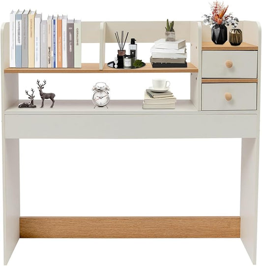 CNCEST Desktop Bookshelf Organizer, Office Shelves Storage Rack, Natural MDF Display Stand Shelf, Office Supplies Home Desk Decor (White)