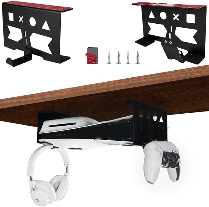 Aluminum Under Desk Mount for PS5/PS5 Slim/ PS5 Pro Digital & Disc, Securing Under Desk Bracket with Detachable Controller & Headphone Holder Kit No Drill (Black)