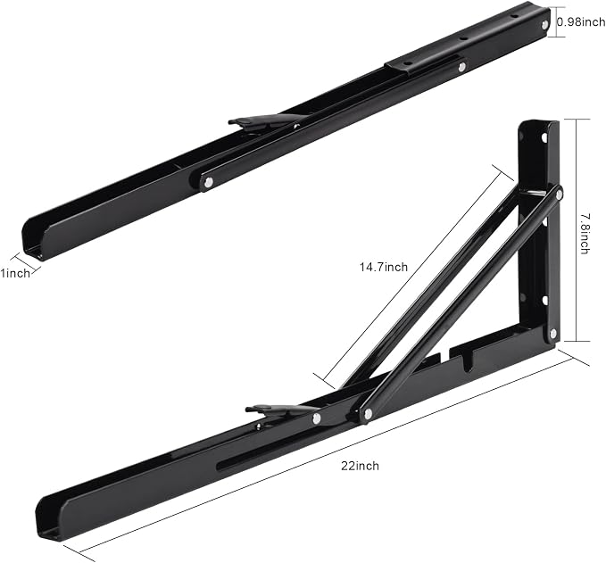 YUMORE Folding Shelf Brackets, 22 Inch Heavy Duty L Bracket, Black DIY Collapsible Shelf Bracket for Workbench Folding Table Hinge, Max Load: 330lb, Pack of 2