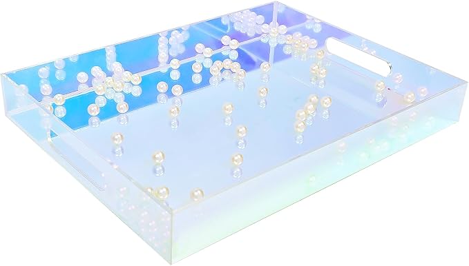 ROYALITA Iridescent Acrylic Tray with Handles, 12X9 Inch Serving Tray Spill Proof, Perfume Decorative Tray for Ottoman Coffee Table Countertop, Wedding Decor, Office Desk